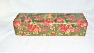 VTG ANTIQUE VICTORIAN ROSES W LADY PORTRAIT & SILK LINING WOOD GLOVE HANKY BOX 3