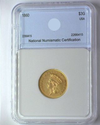 1860 INDIAN PRINCESS $3 GOLD CHOICE UNCIRCULATED RARE THIS 2