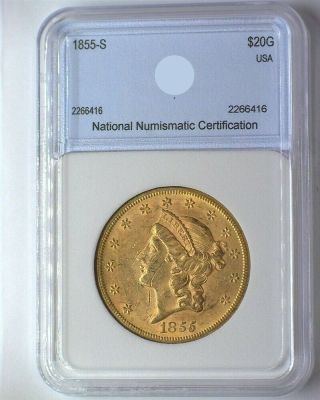 1855 - S LIBERTY HEAD $20 GOLD DOUBLE EAGLE UNCIRCULATED,  RARE IN UNC 2