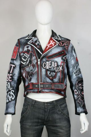 Vintage Painted Punk Leather Jacket M 40 Black Motorcycle Mens