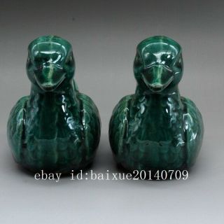A Pair Chinese Old Hand - Carved Green Glaze Porcelain Duck Statue D02