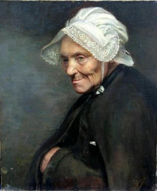 Antique Oil Painting On Canvas " Portrait Of A Granny " 1800 Circa