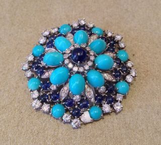 Vintage Turquoise,  Sapphire & Diamond Pin/brooch In 18k White Gold - Hm857sr