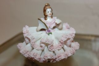 Tiny Dresden Porcelain Girl Figurine With Pink Lace Dress And Fan,  Cute,  2 - 1/2 "