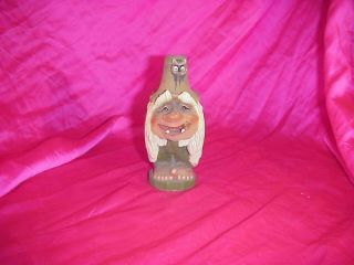 Vintage Henning Norway Hand Carved Wood Troll With Owl 5 Inches Tall Folk Art