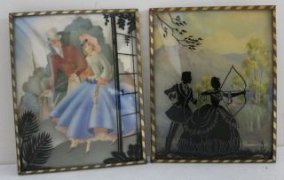 2 Antique Miniature Reverse Painted Victorian Silhouettes On Bubble Glass 4x5