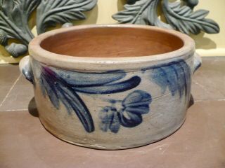 Antique Gray Salt Glazed Blue Hand Decorated Stoneware Bowl 1850 