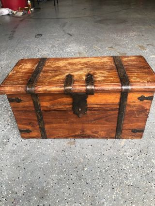 Antique Small Chest Wooden Box With Handles And Metal Lock