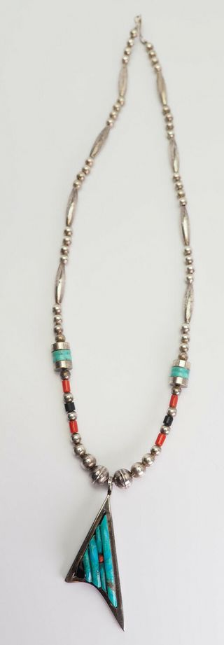 Vintage Modern Sterling Silver Turquoise Coral Necklace By Pete Sierra Navajo