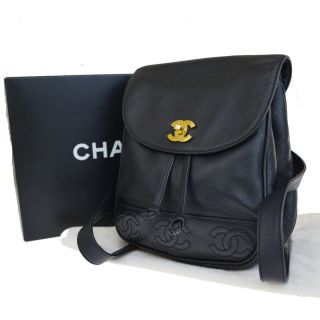 Auth Chanel Triple Cc Chain Backpack Bag Caviar Leather Black Vintage 613e197