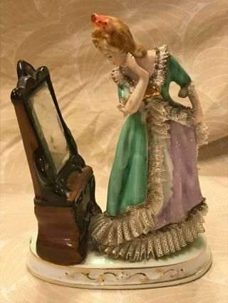 Vintage Porcelain Figurine Standing Lady W Lace Looking In Mirror Occupied Japan
