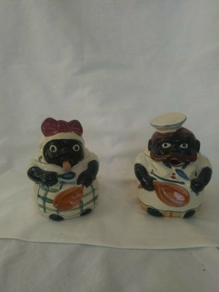 Rare Vintage Black Americana Condiment Jars Husband And Wife With Spoon