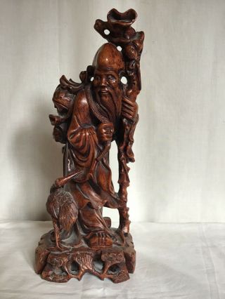 Well Carved Antique Chinese Figure Of A Man / Sage / Immortal With A Stork 30cm