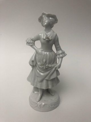 Antique German Sitzendorf White Bisque Porcelain Figurine Peasant Woman Roses