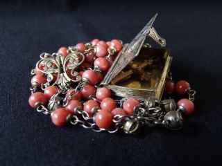 Long Antique French Silver Red Coral Rosary Locket Pendant Bible Shape W/cross