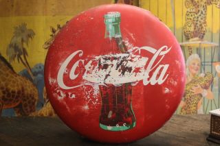 Vintage 1955 Coca Cola Button Sign 24” Coke 7up Pepsi Orange Crush Dr Pepper