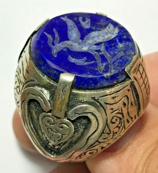 Late Medieval Silver Ring - Eagle Lapis Lazuli Stone Intaglio 36.  2gr (in 38.  1mm