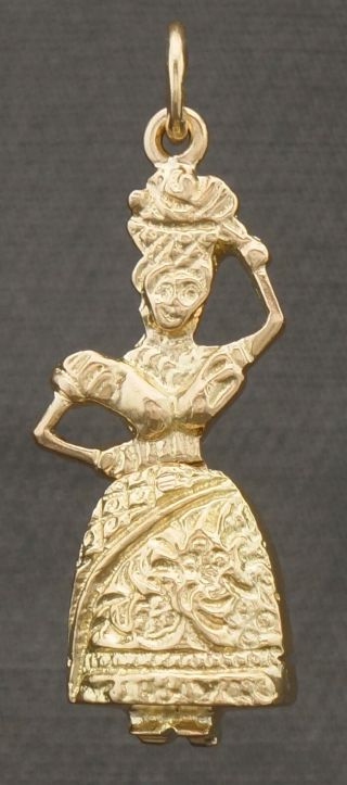 Solid 18k Gold Woman,  Dancer W/ Tropical Fruit Basket Articulated Charm,  Pendant