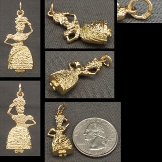 Solid 18K Gold Woman,  Dancer w/ Tropical Fruit Basket Articulated Charm,  Pendant 7