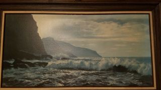 Vintage Water Crashing Rocks Park Hurst Painting
