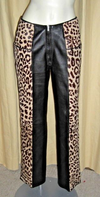 Rare Vintage 70s Guy Laroche Fourrure Black Leather Leopard Print Fur Pants S