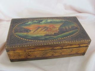 1920s Vintage Hand Pyrographed & Painted Wooden Jewelry Trinket Box