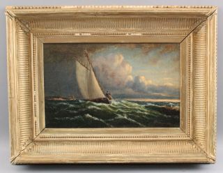 Small 19thC Antique Maritime Seascape Sailboat Oil Painting,  Before the Storm 2