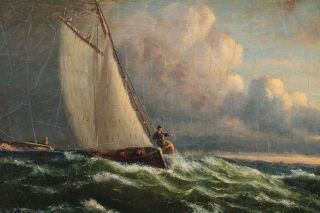 Small 19thC Antique Maritime Seascape Sailboat Oil Painting,  Before the Storm 4