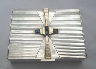 Vintage STERLING SILVER 14K GOLD SAPPHIRES Art Deco compact cigarette box 1935 2