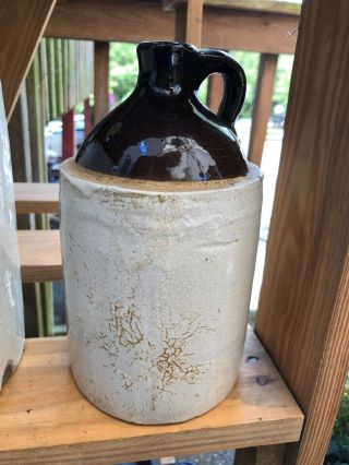 Antique Stoneware Moonshine Whiskey Jug Crock - Brown on Beige Vintage 2