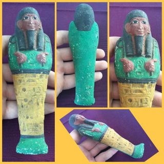 Very Rare Green/red Ancient Egyptian Shabti With Hieroglyphics,  300 Bc.