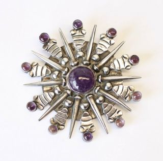 Early Mexican Sterling Silver & Cabochon Amethyst Sunburst Pin/brooch Taxco