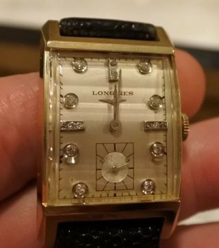 Vintage 1951 Longines 14k Yellow Gold Diamond Dial Curved Case Holds Time