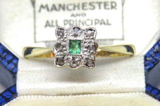 18ct Yellow Gold & Platinum Art Deco Emerald And Diamond Ring Size Q 1930s
