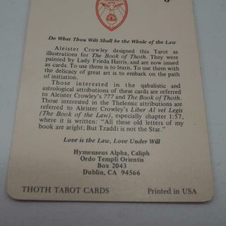 Vintage Aleister Crowley Thoth Tarot Deck Ordo Templi Orientis Card Made in USA 3