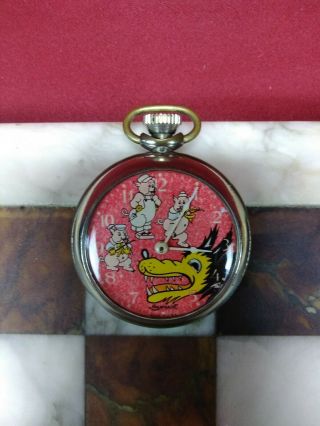 Antique 1920 ' s Ingersoll Disney 3 Little Pigs & Big Bad Wolf Pocket Watch RARE 2