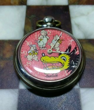 Antique 1920 ' s Ingersoll Disney 3 Little Pigs & Big Bad Wolf Pocket Watch RARE 3
