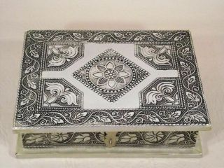 Vintage Punched Tin Jewelry Box Scrolled Floral Design