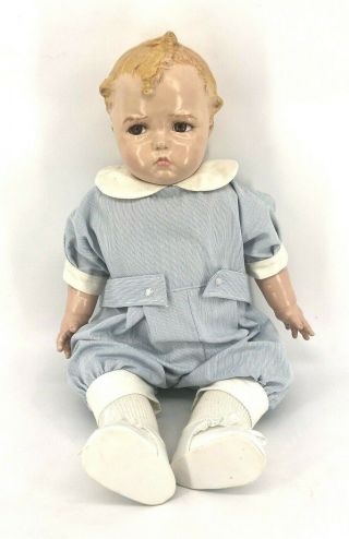 Vintage Heubach Germany Composition Life Size Baby Boy Doll Brown Eyes Lashes