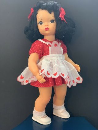 Terri Lee Doll 16” Black Raysheen Wig Heart Fund Dress & Pinafore Tagged 1950s