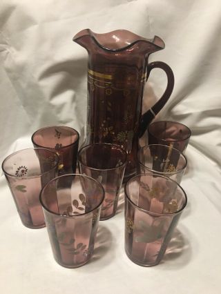Victorian Water Mismatched Shabby Set Glass Hand - Painted Purple Amethyst Pitcher