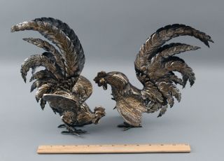 Pr Antique Early 20thc Figural Fighting Roosters Silver Over Bronze Sculptures