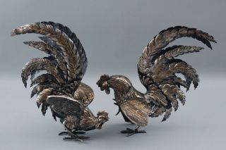 Pr Antique Early 20thC Figural Fighting Roosters Silver over Bronze Sculptures 2