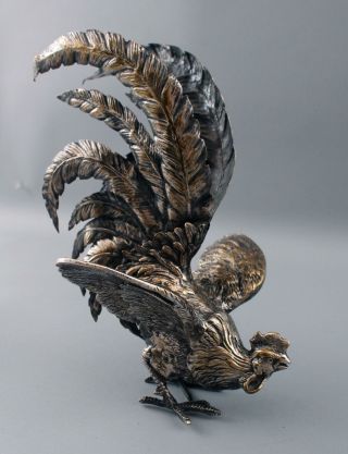 Pr Antique Early 20thC Figural Fighting Roosters Silver over Bronze Sculptures 9