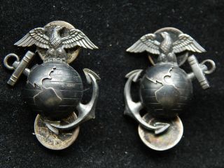 Wwii Us Marine Corps Sterling H&h Ega Collar Devices With Sterling Clutches No R