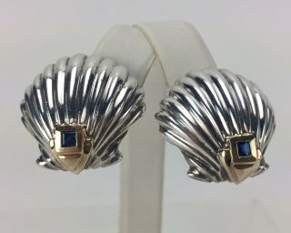 Vtg Tiffany & Co.  14k Yellow Gold Sterling Silver Blue Sapphire Shell Earrings