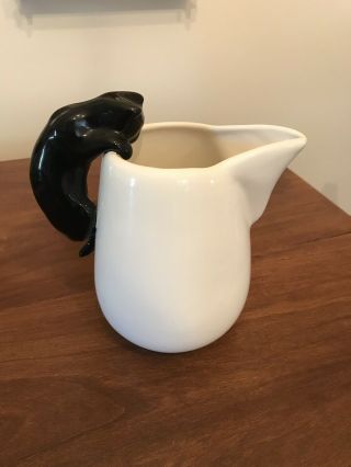 Camark Pottery Cat Pitcher White/ Black Cat Vintage 880 2