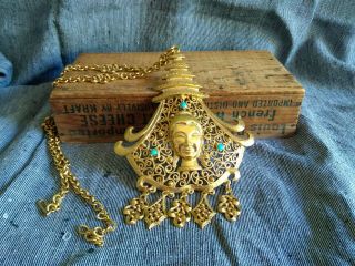 Pauline Rader Huge Vintage Gold Buddhist Temple Goddess Necklace Pedant 1970s