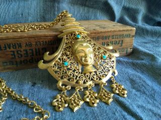 Pauline Rader Huge Vintage Gold Buddhist Temple Goddess Necklace Pedant 1970s 2