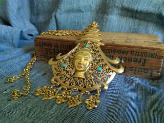 Pauline Rader Huge Vintage Gold Buddhist Temple Goddess Necklace Pedant 1970s 3